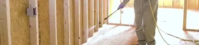 Termite treatment technician applying spray along framing and unfinished walls in Chula Vista, CA